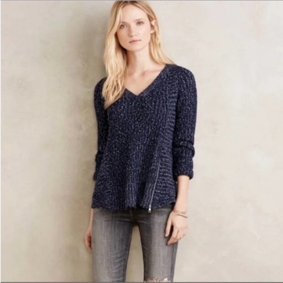 Anthropologie Moth blue cotton wool zip pullover sweater - Picture 2 of 8